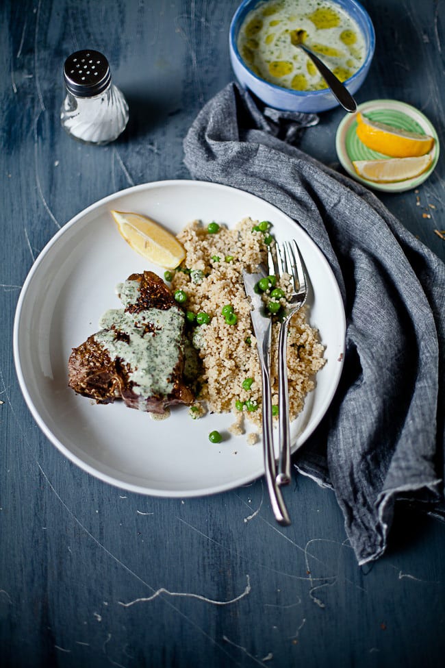 Lamb Chops with Yogurt Mint Sauce and Pea Couscous by Sunshine and Smile