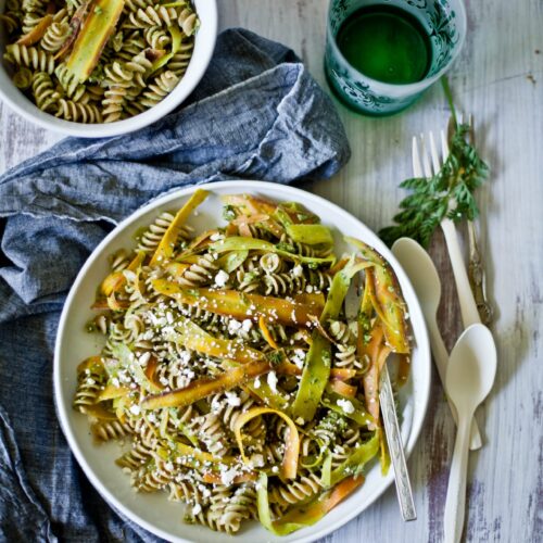 pasta with shaved carrots and carrot green sauce | Playful Cooking