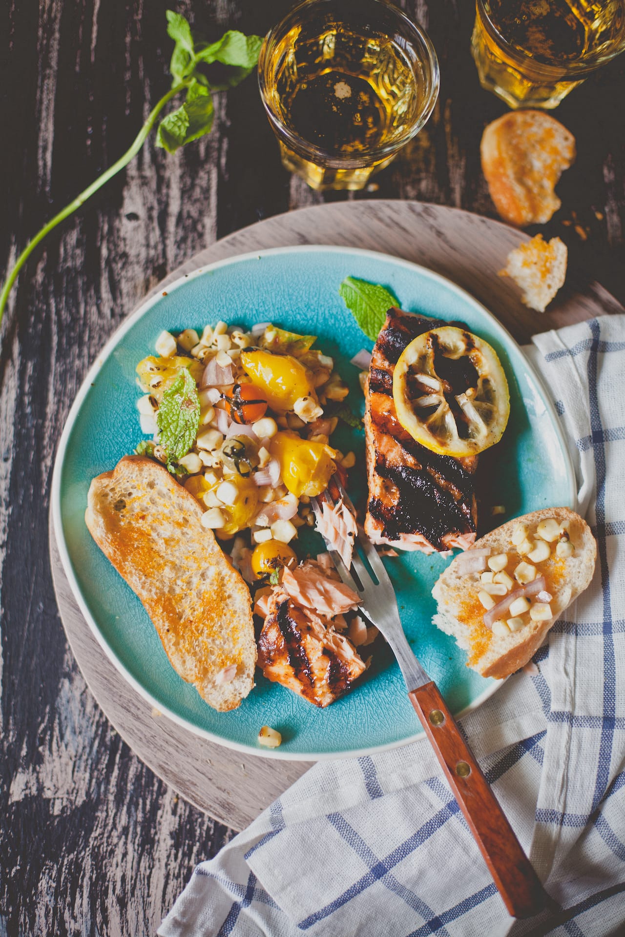 Grilled Salmon with Grilled Corn, Heirloom Tomatoes Salad | Playful Cooking