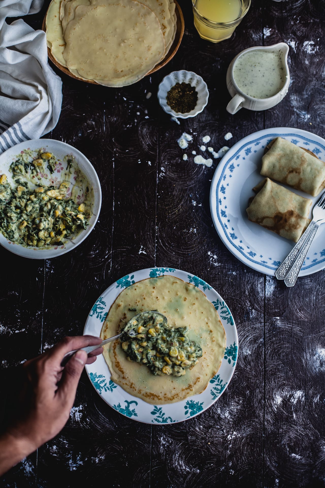 Spinach Corn Crepe With Zaatar Feta Sauce | Playful Cooking