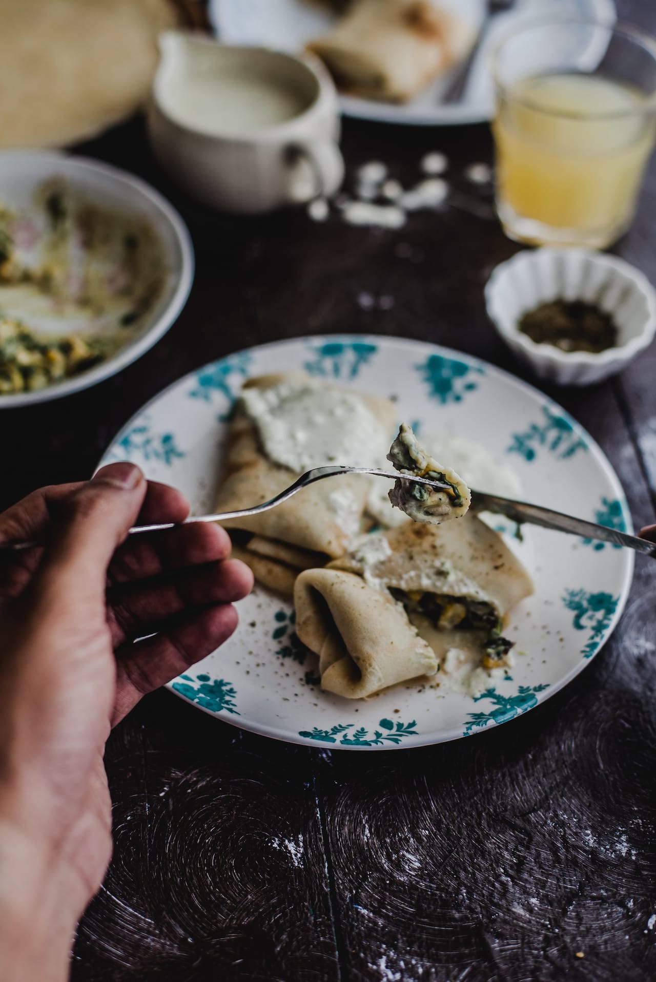 Spinach Corn Crepe With Zaatar Feta Sauce | Playful Cooking