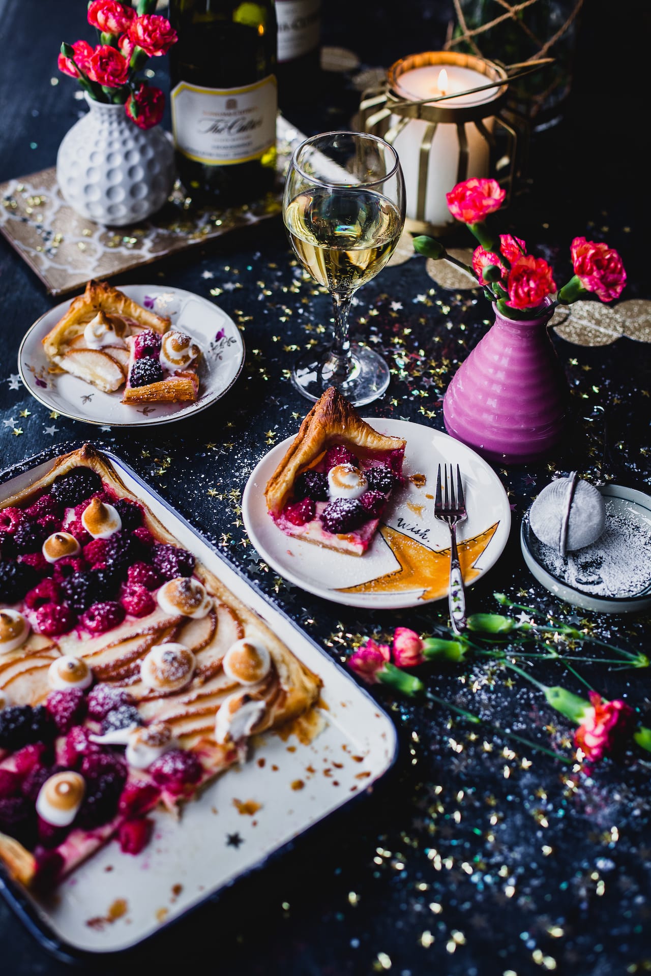 Festive vibe in the photo with a wine pairing dessert