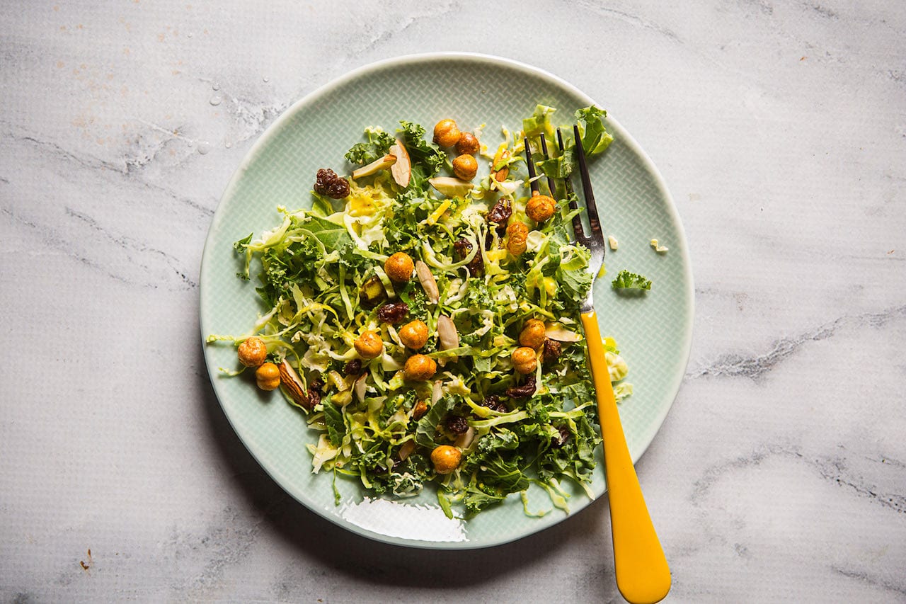 Kale and Brussel Sprouts Salad with Turmeric Honey Yogurt Dressing (Indian Simmer) | Playful Cooking