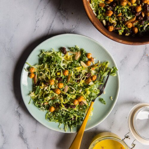 Kale and Brussel Sprouts Salad with Turmeric Honey Yogurt Dressing (Indian Simmer) | Playful Cooking