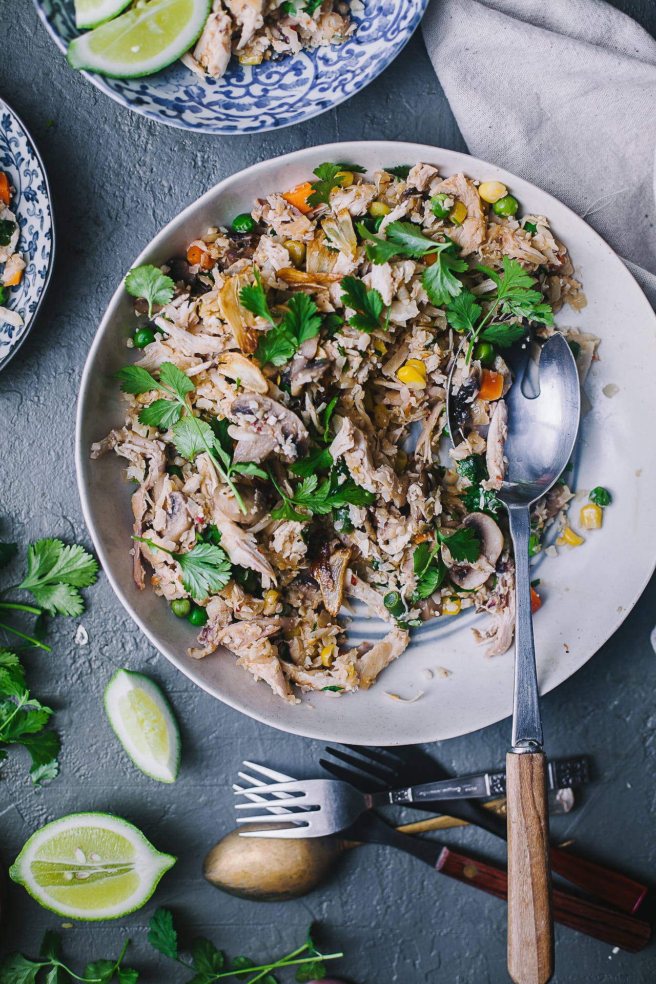 Mushroom Chicken Spiced Cauliflower Fried Rice | Playful Cooking #friedrice #rice #cauliflower #foodphotography #weeknight #keto #glutenfree