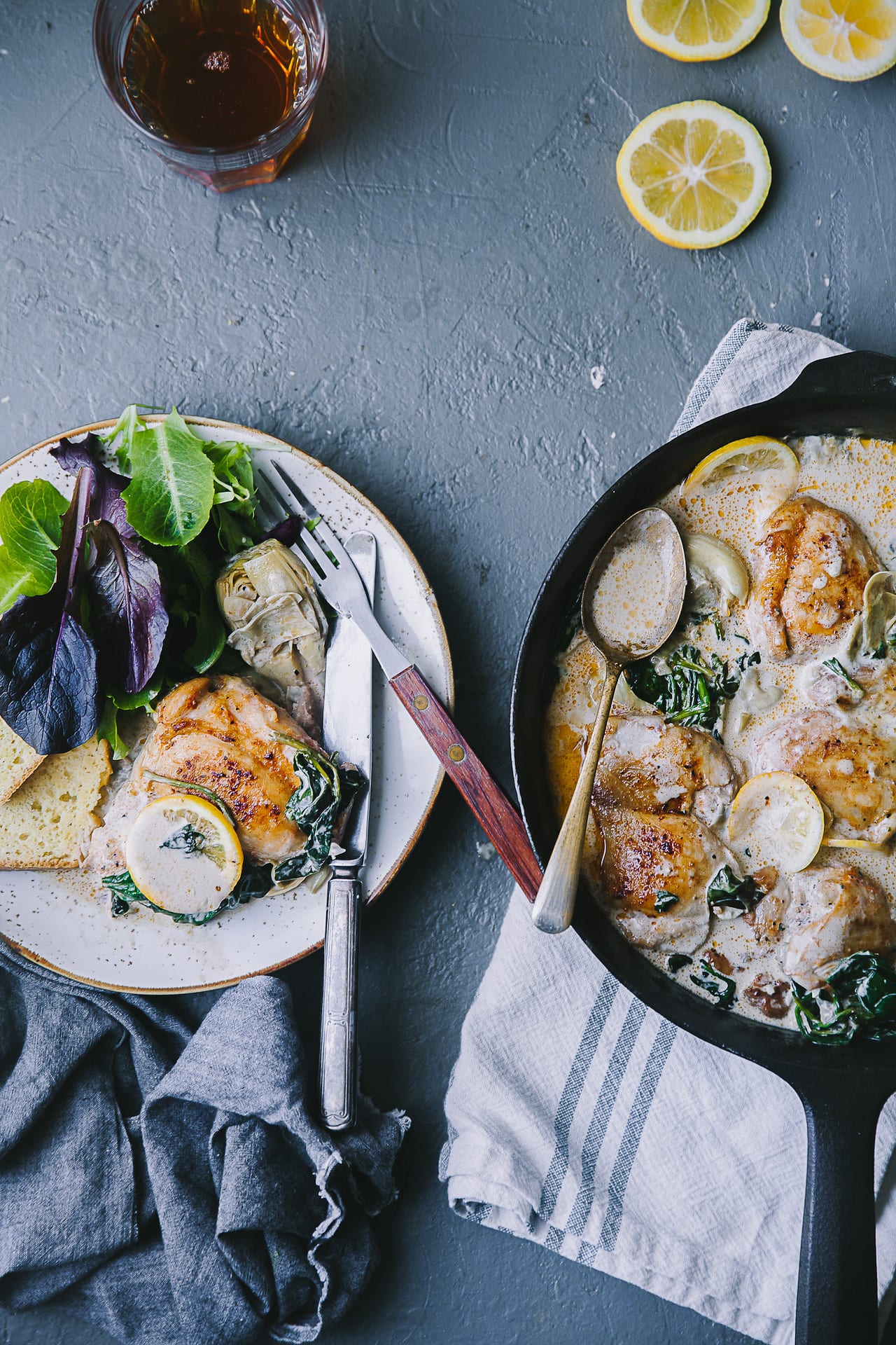 Chicken Artichoke Spinach Creamy Skillet | Playful Cooking #chicken #skillet #foodphotography #artichoke #spinach #foodstyling #playfulcooking