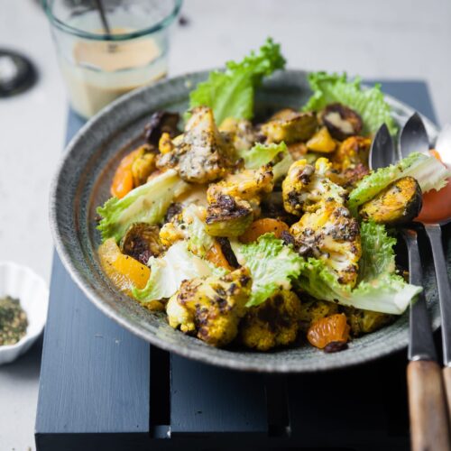 Zaatar Roasted Cauliflower Brussel Sprouts with Maple Mustard Dressing | Playful Cooking #cauliflower #foodphotography #salad #roasted