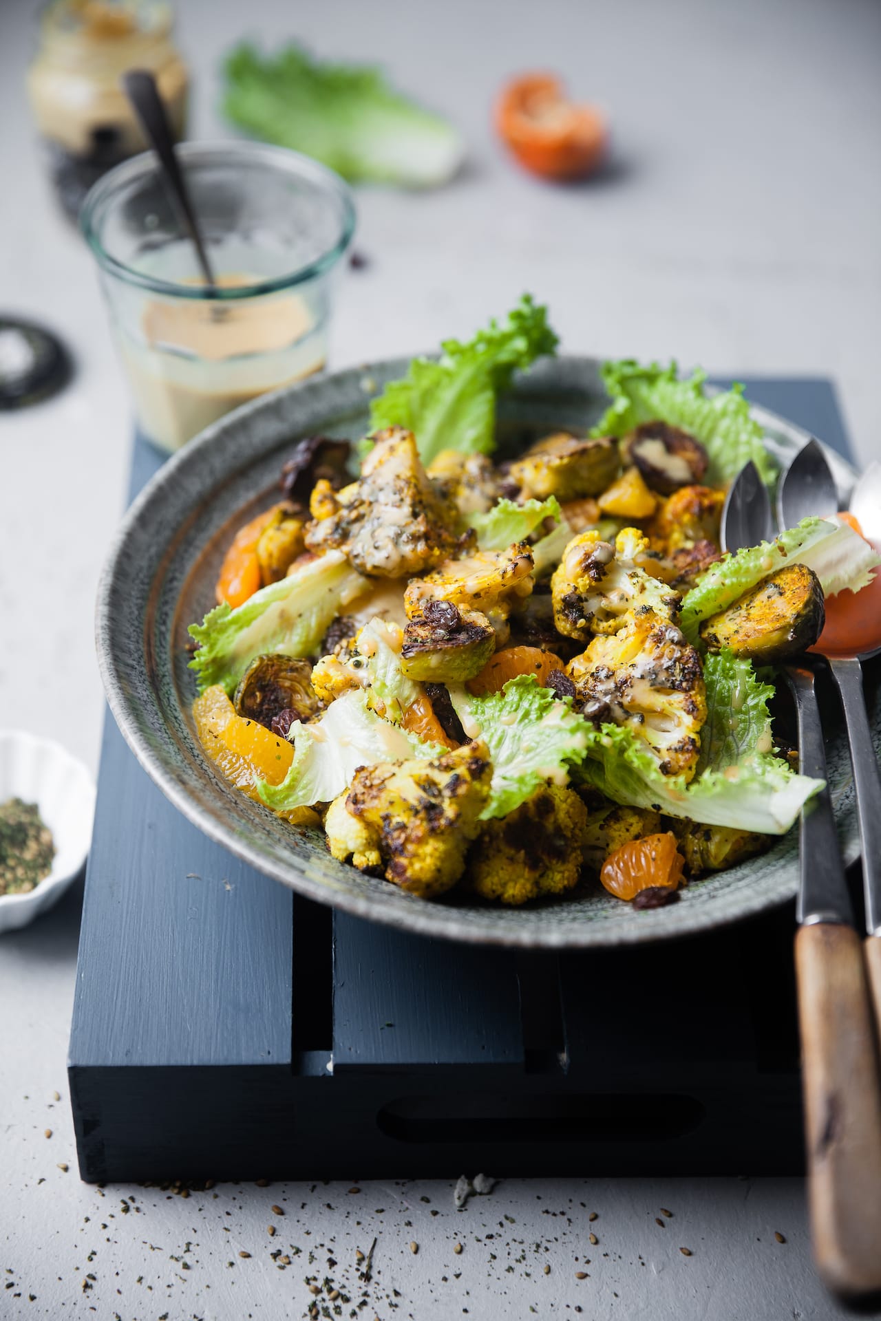 Zaatar Roasted Cauliflower Brussel Sprouts with Maple Mustard Dressing | Playful Cooking #cauliflower #foodphotography #salad #roasted
