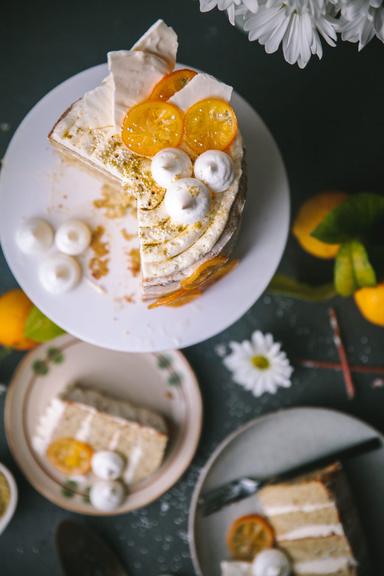 Pistachio Meringue Cake with Mascarpone Lemon Curd Frosting | Playful Cooking #cake #meringue #foodphotography #foodstyling #mascarpone