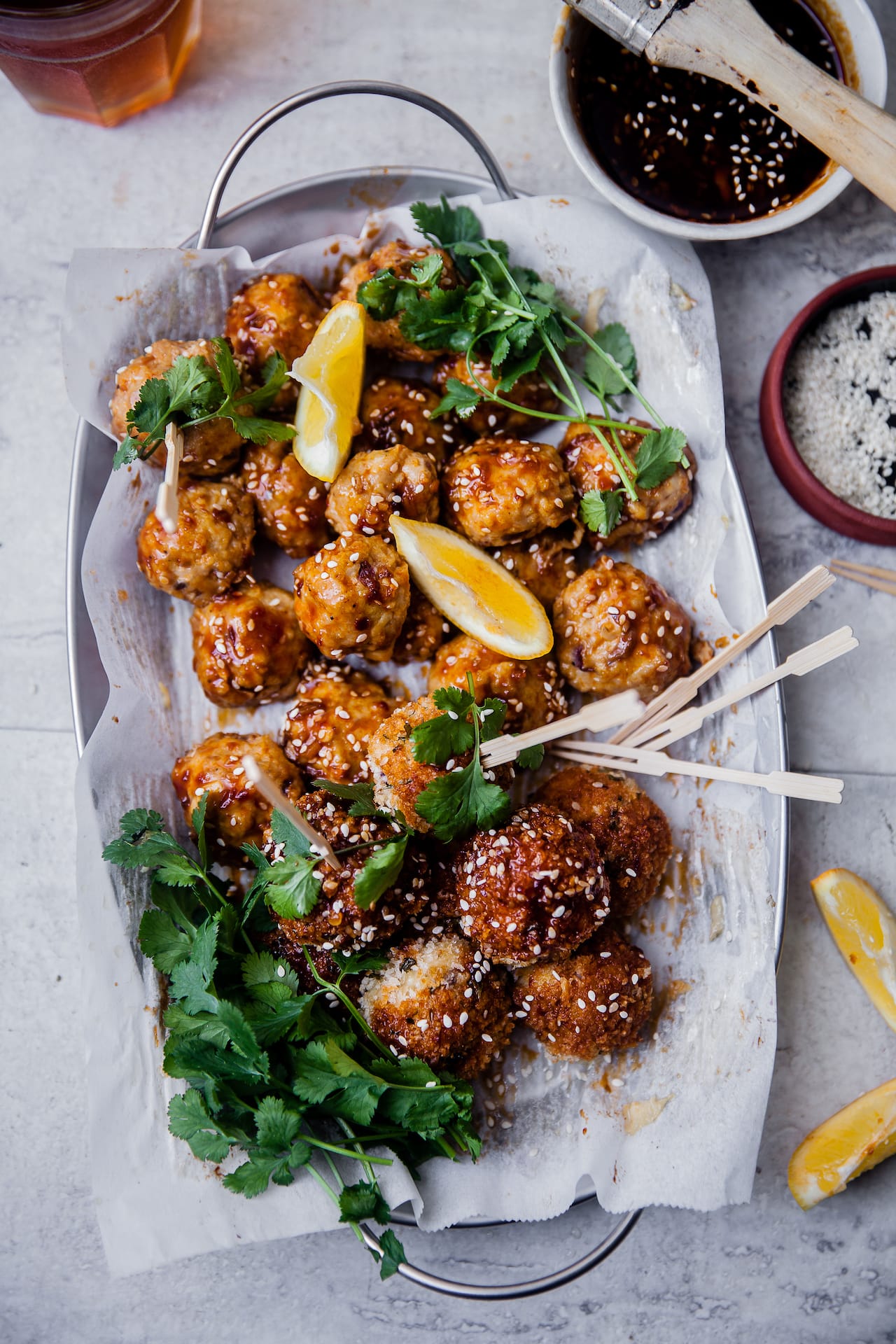 Spiced Sticky Baked Chicken Meatballs | Playful Cooking #meatballs #chicken #partybites #baked #appetizers #stickysauce