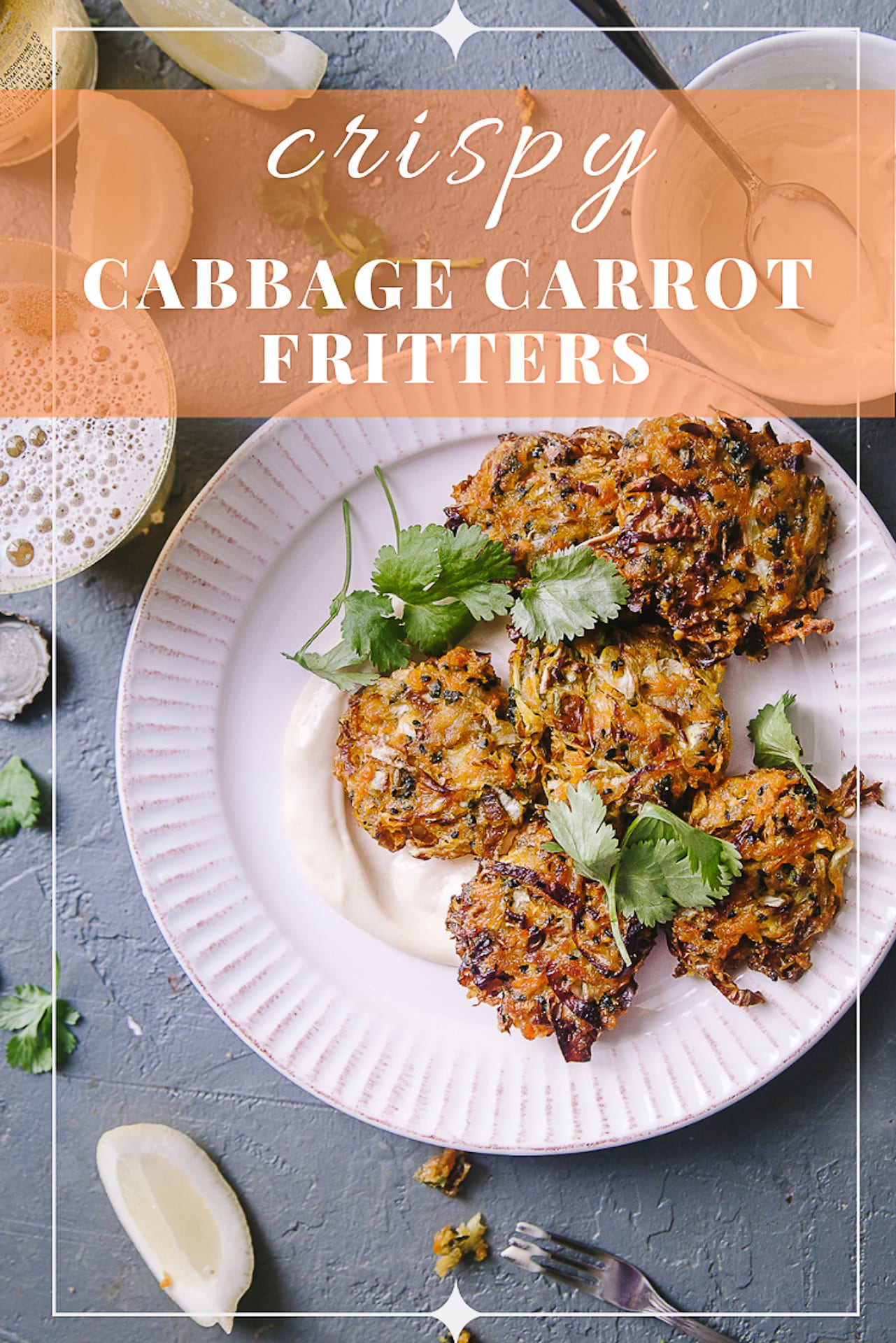 EASY with NO EGGS Crispy Cabbage and Carrot Fritters is a perfect snack for any day! #cabbage #carrot #fritters #foodphotography #vegetarian