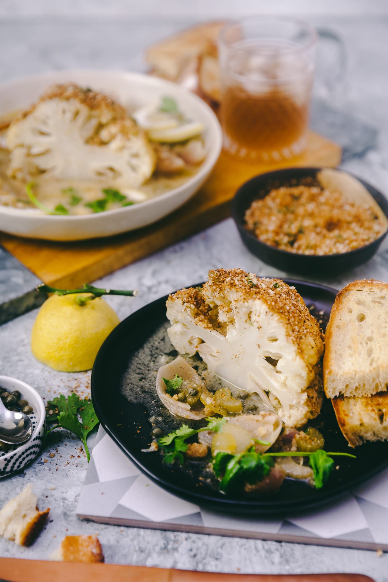 Whole Roasted Cauliflower in Mustard Sauce | Playful Cooking #cauliflower #roasted #mustardsauce #foodphotography