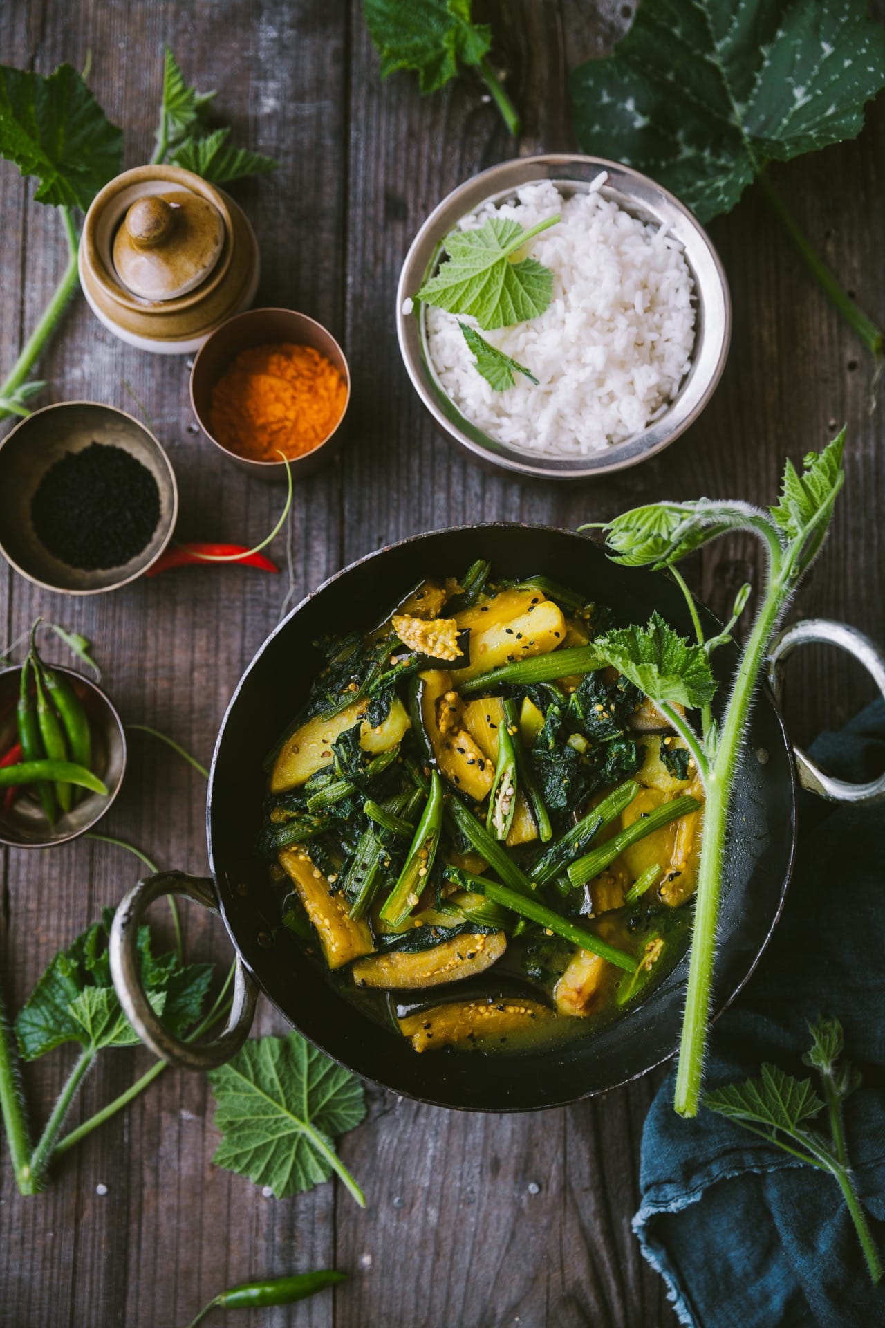 Flat lay view of the Kumro Pata Torkari