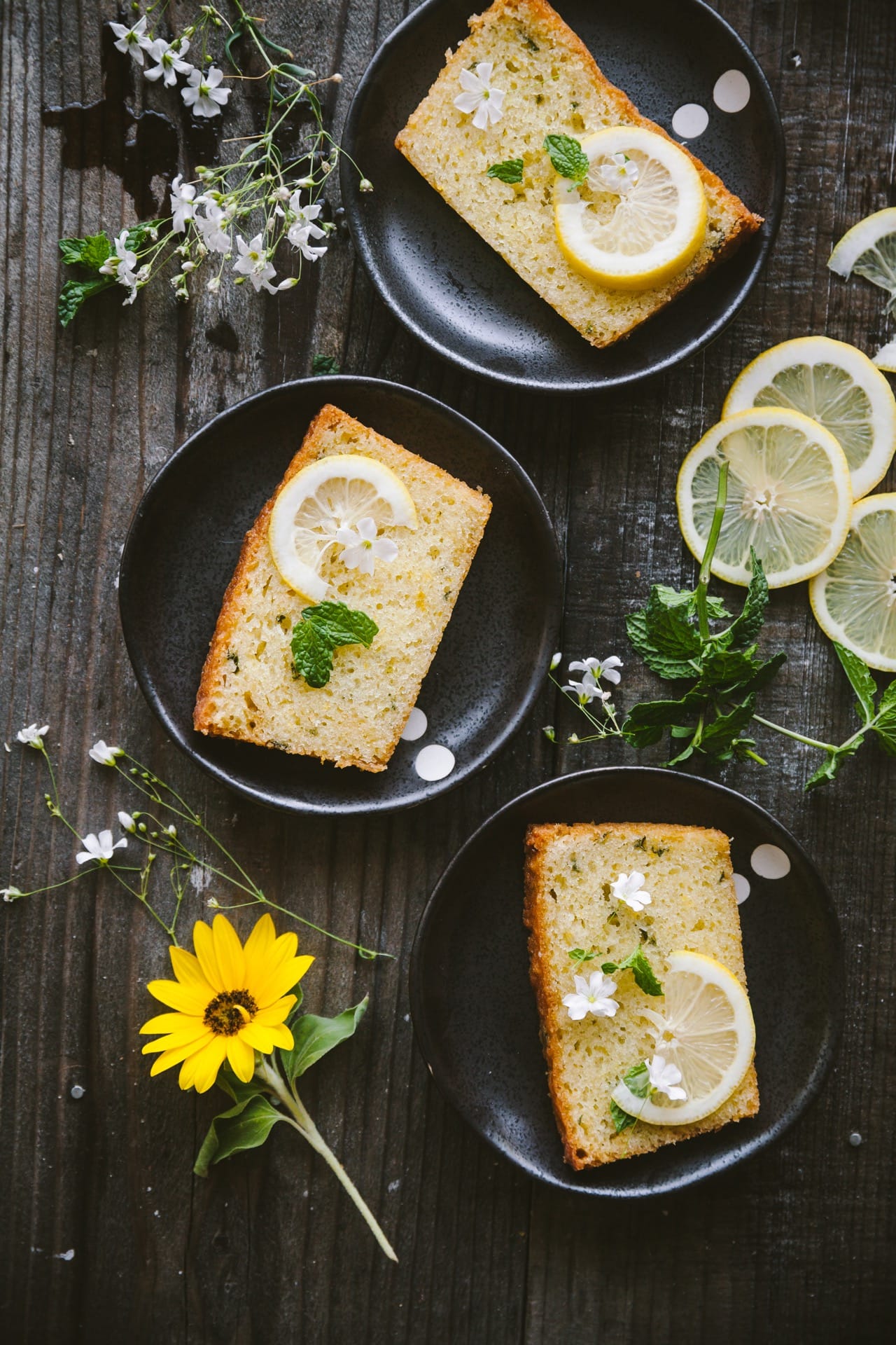 Three plates of Lemon Mint Cake slices