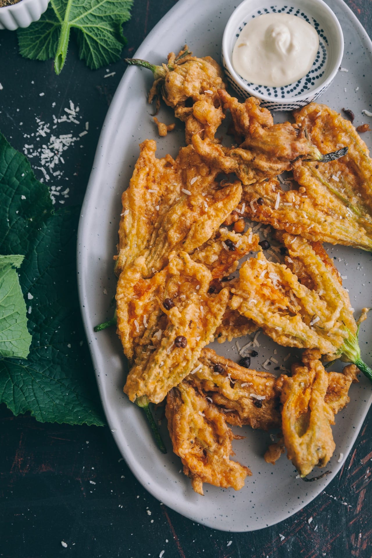 CLOSE UP view of cripsy Zucchini Blossom Fritters