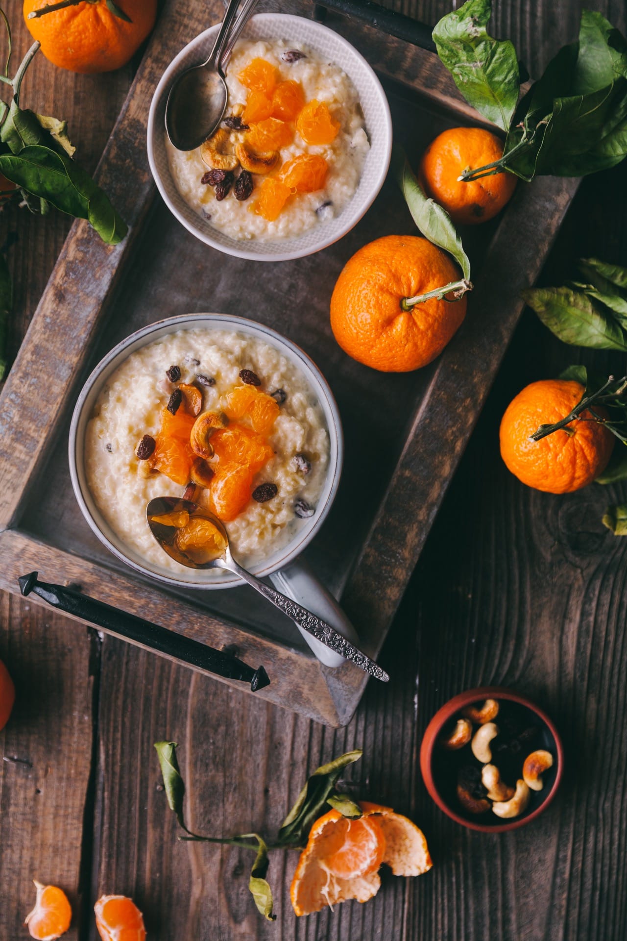 Flat lay view of the Orange Rice Pudding (Komola Payesh)