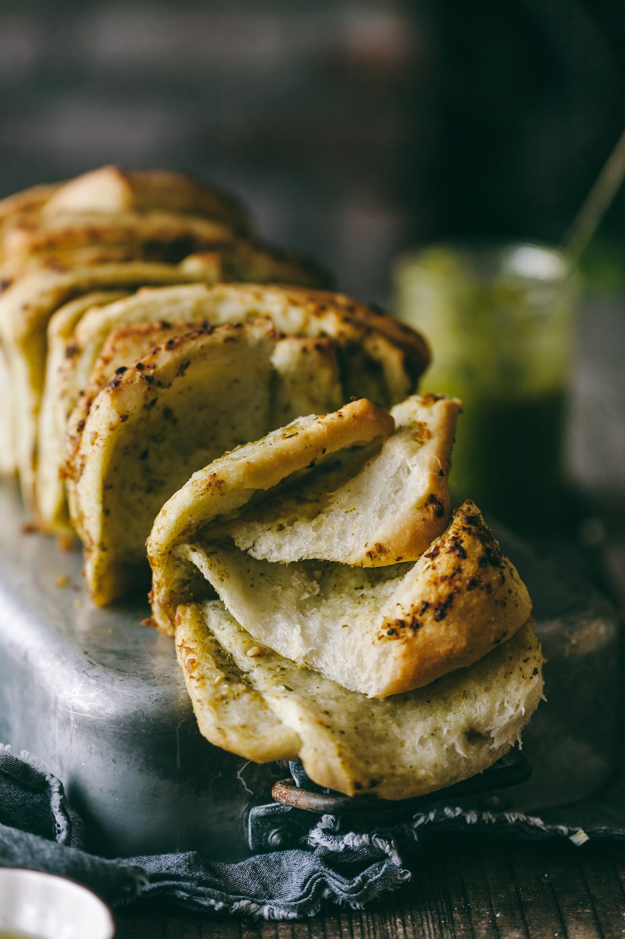 Close up view of Pesto Pull Apart Bread