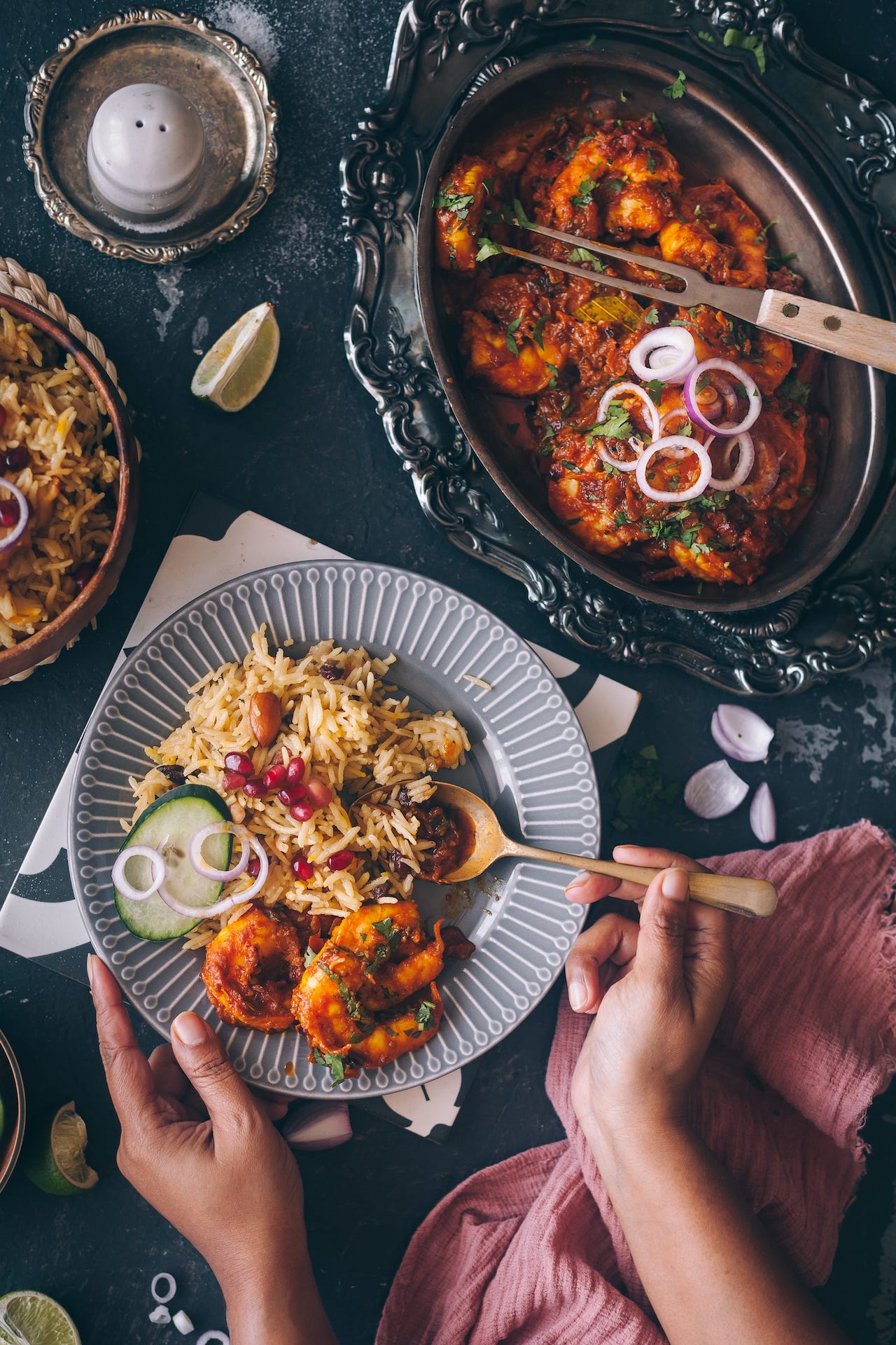 Quick simple meal of seafood served with rice pilaf