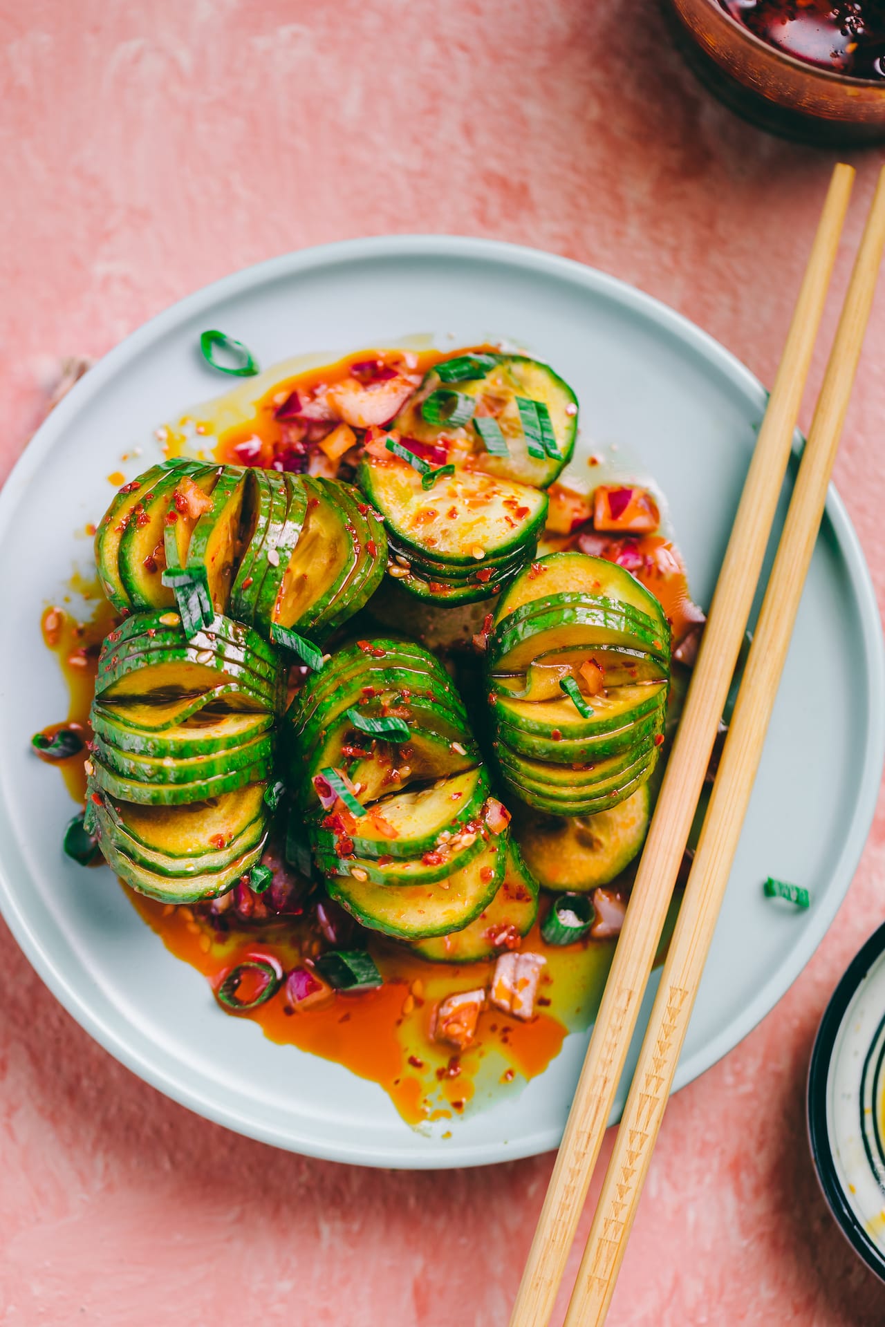 Spicy pickled cucumber spiced with chili oil playful cooking