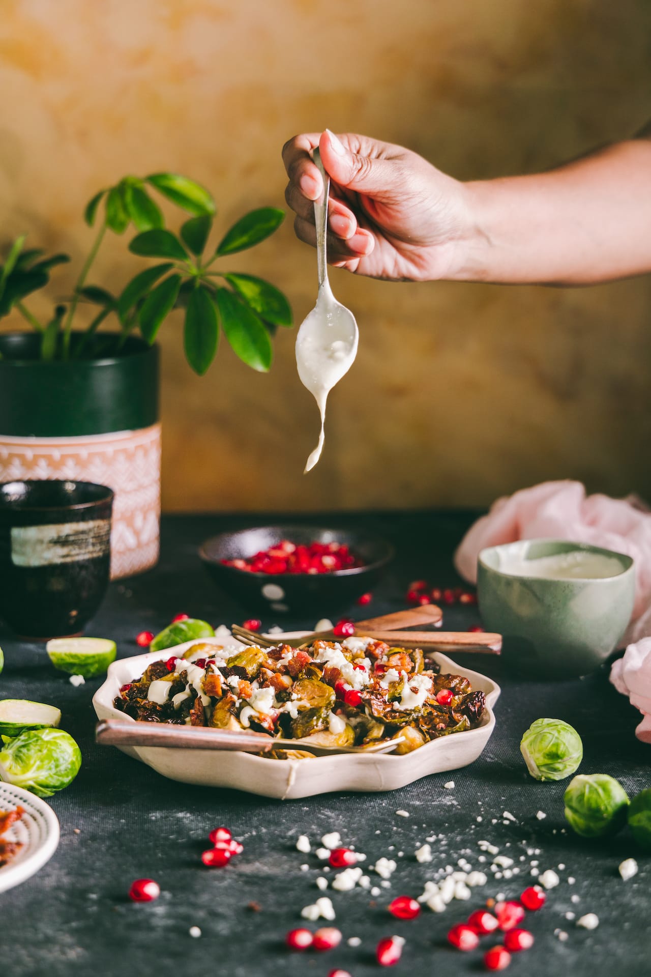 Blue Cheese Drizzled on Roasted Brussels Sprouts