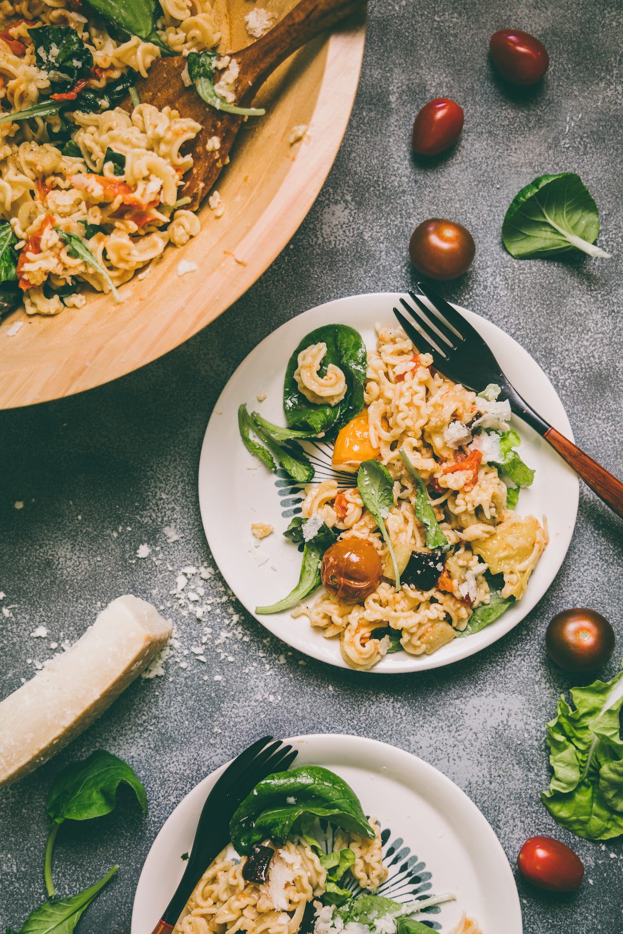 Roasted tomato eggplant pasta salad