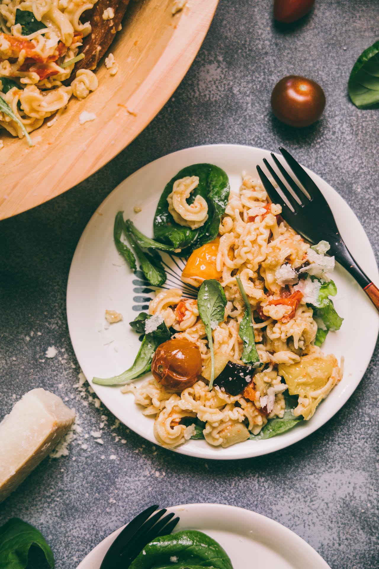 Roasted tomato eggplant pasta salad