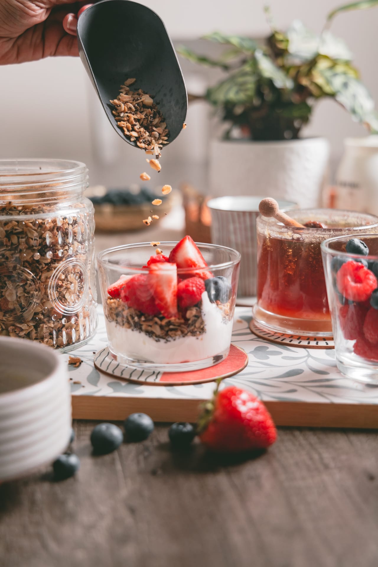 Baked granola drizzled on a bowl